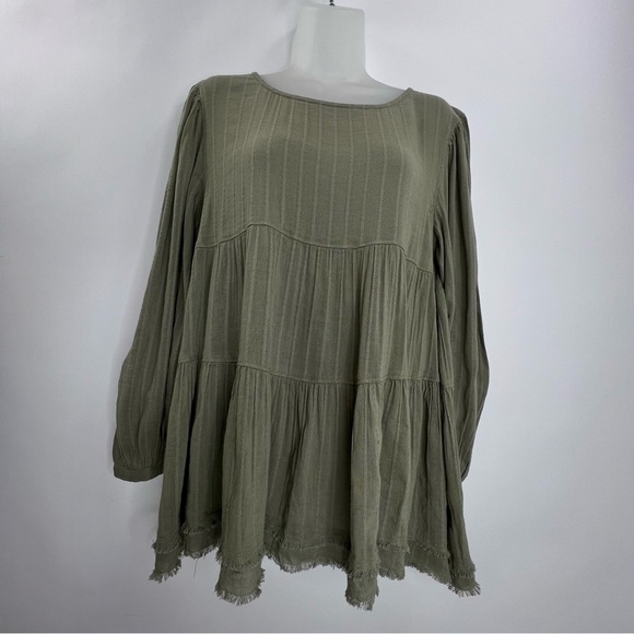American Eagle Womens S Olive Green Tiered Babydoll Long Sleeve Boho Top - Picture 1 of 12